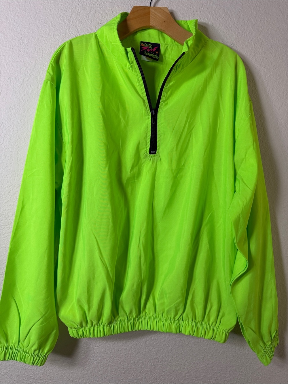 Vintage 90s Surf Style Neon Green Windbreaker Jacket Oversized 1/4 Zip Small M
